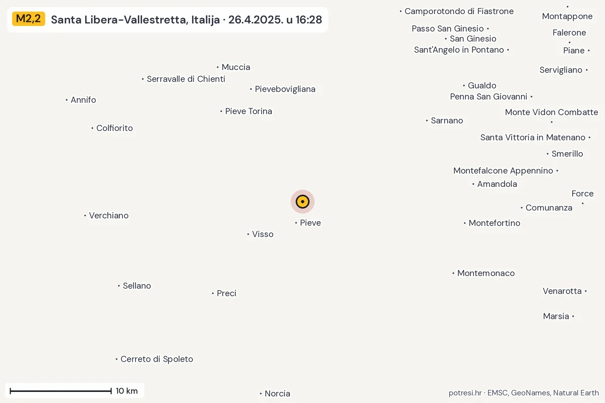 Karta: okolica epicentra, 60 km, potres M2,2, Santa Libera-Vallestretta, Italija, 26.4.2025.