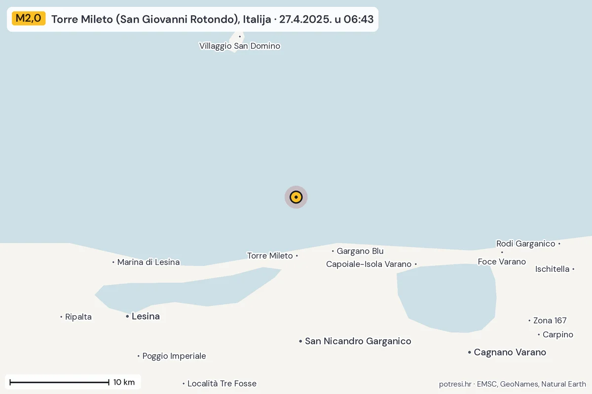 Karta: okolica epicentra, 60 km, potres M2,0, Torre Mileto (San Giovanni Rotondo), Italija, 27.4.2025.