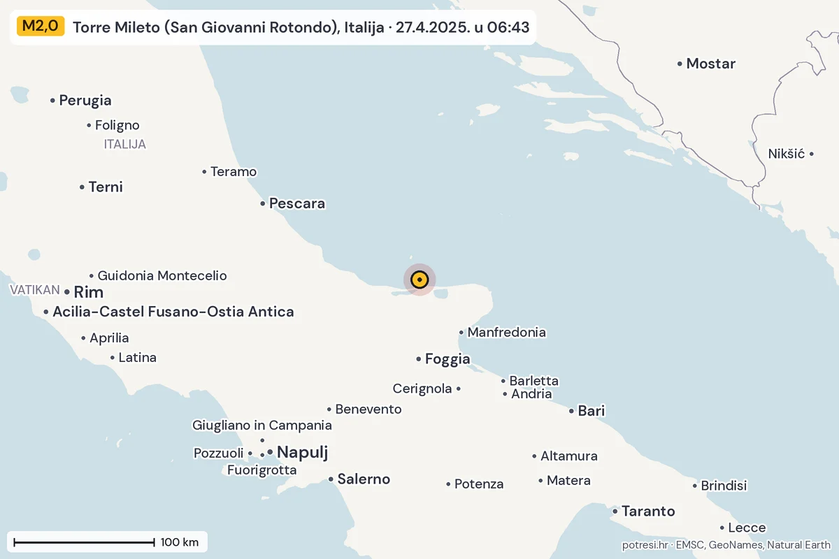Karta: šire područje, 600 km, potres M2,0, Torre Mileto (San Giovanni Rotondo), Italija, 27.4.2025.