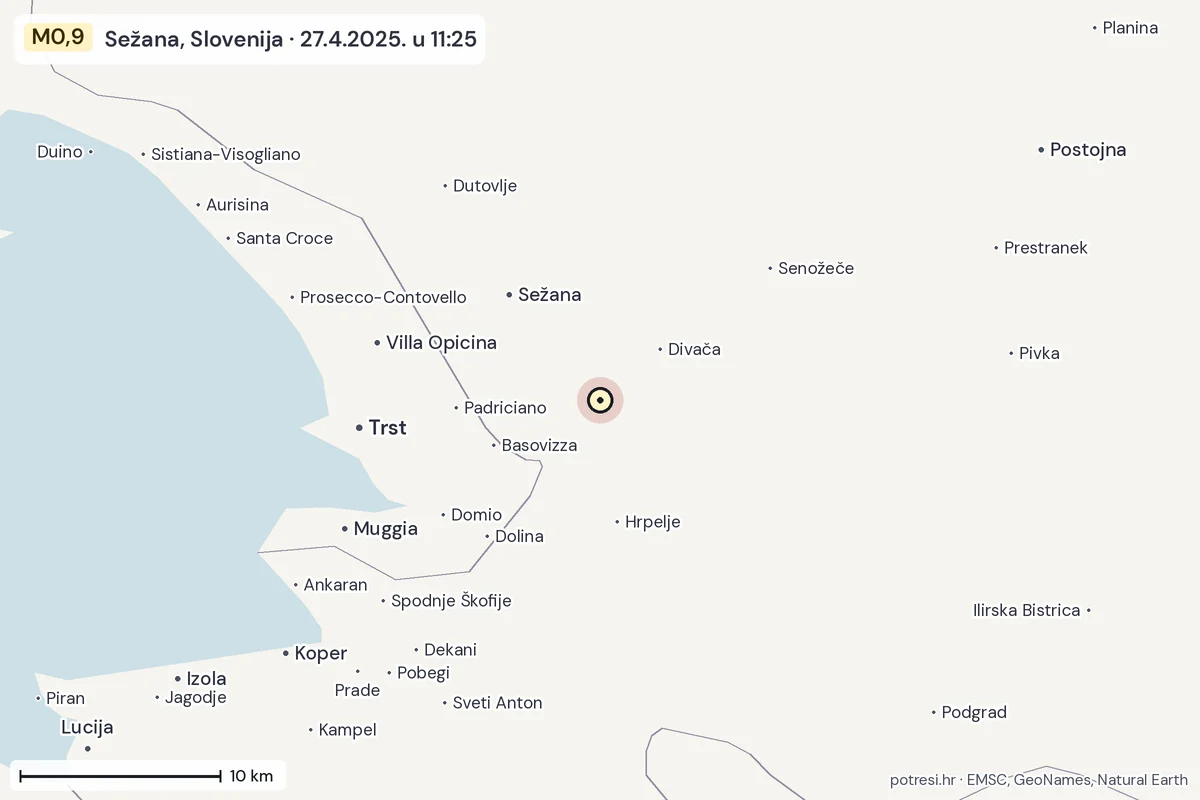 Karta: okolica epicentra, 60 km, potres M0,9, Sežana, Slovenija, 27.4.2025.