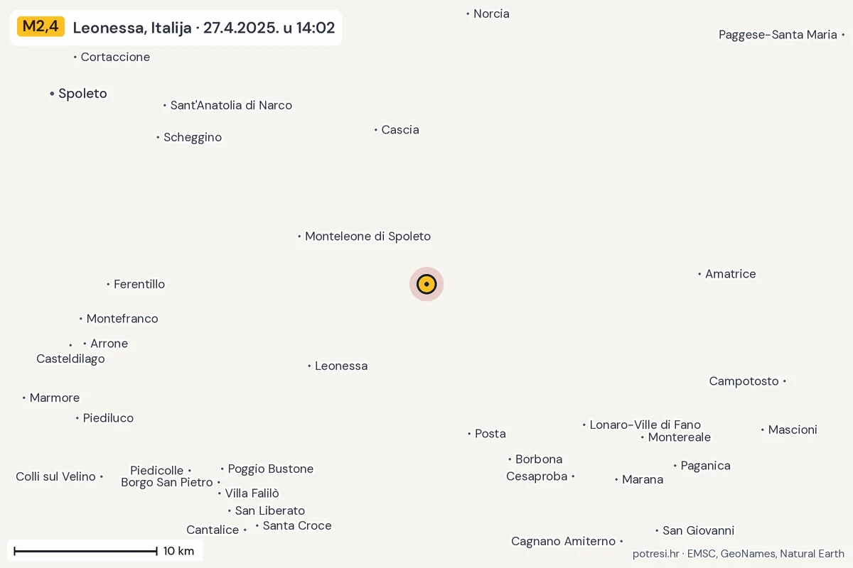 Karta: okolica epicentra, 60 km, potres M2,4, Leonessa, Italija, 27.4.2025.