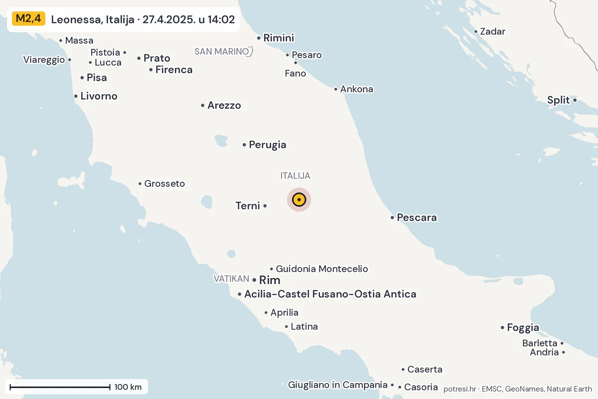 Karta: šire područje, 600 km, potres M2,4, Leonessa, Italija, 27.4.2025.