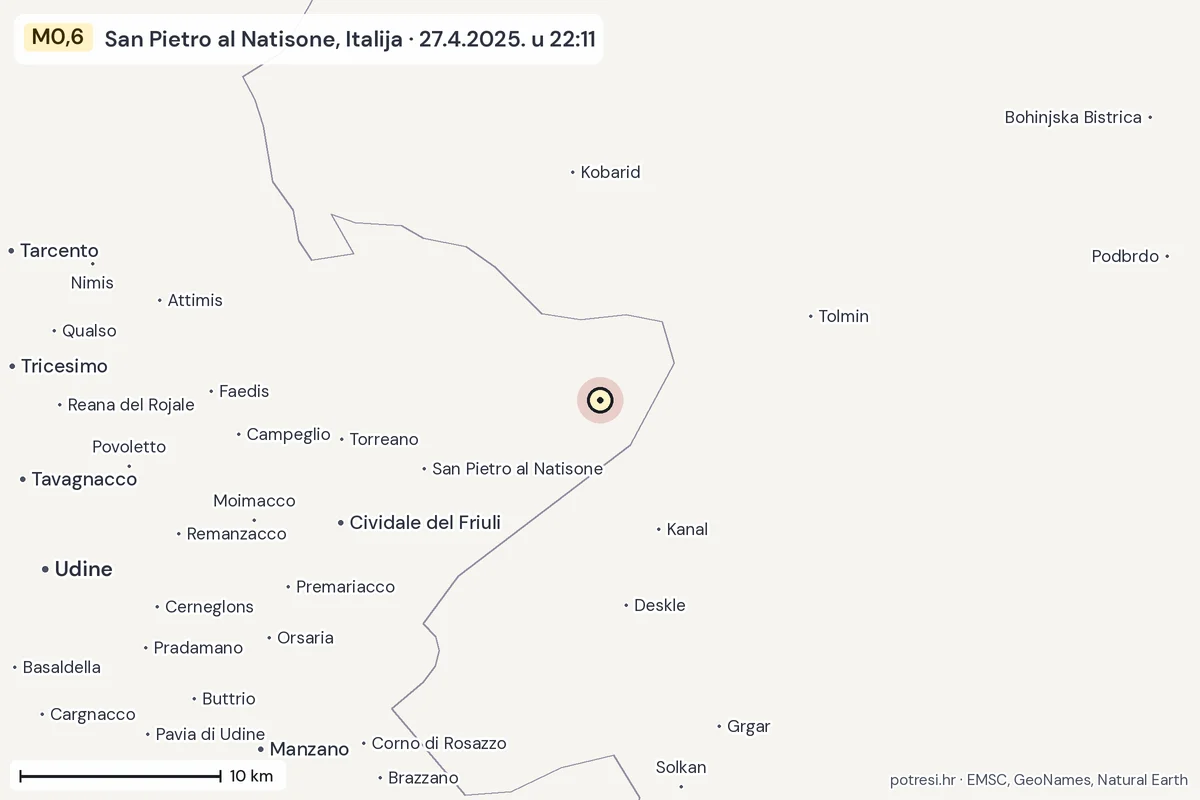 Karta: okolica epicentra, 60 km, potres M0,6, San Pietro al Natisone, Italija, 27.4.2025.