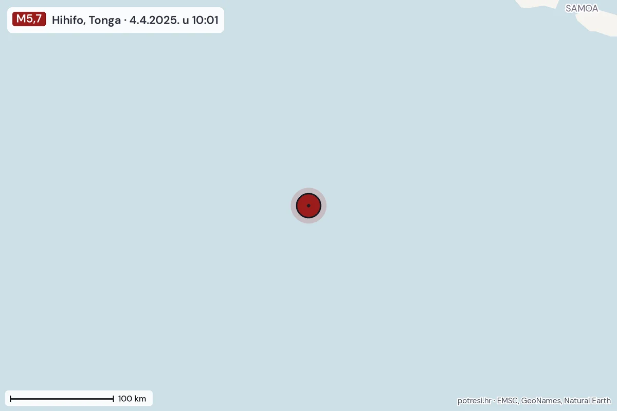 Karta: šire područje, 600 km, potres M5,7, Hihifo, Tonga, 4.4.2025.