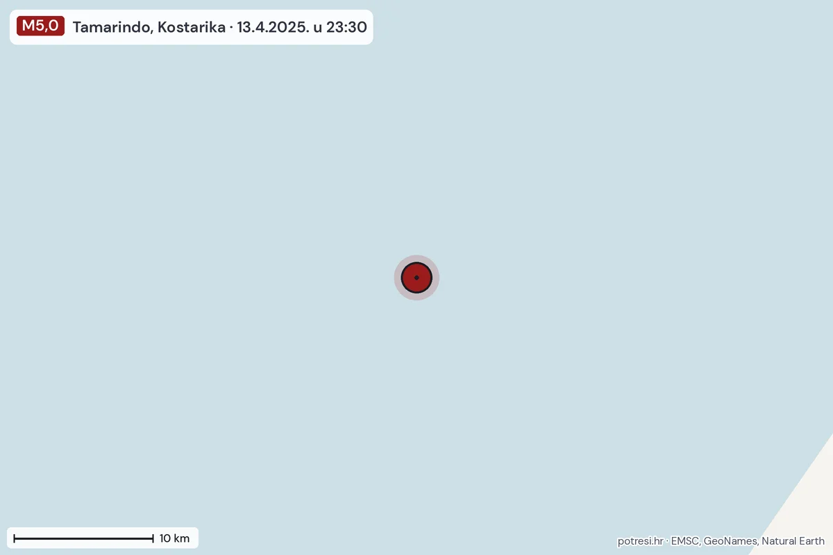 Karta: okolica epicentra, 60 km, potres M5,0, Tamarindo, Kostarika, 13.4.2025.