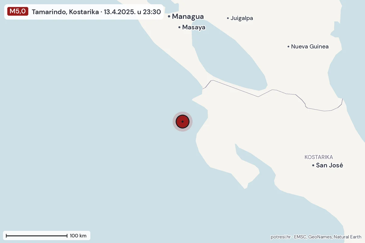 Karta: šire područje, 600 km, potres M5,0, Tamarindo, Kostarika, 13.4.2025.