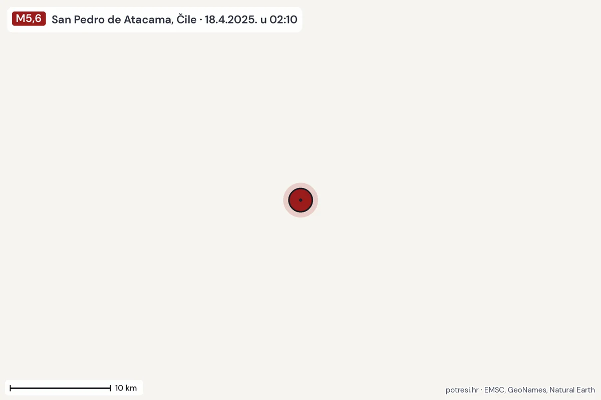 Karta: okolica epicentra, 60 km, potres M5,6, San Pedro de Atacama, Čile, 18.4.2025.
