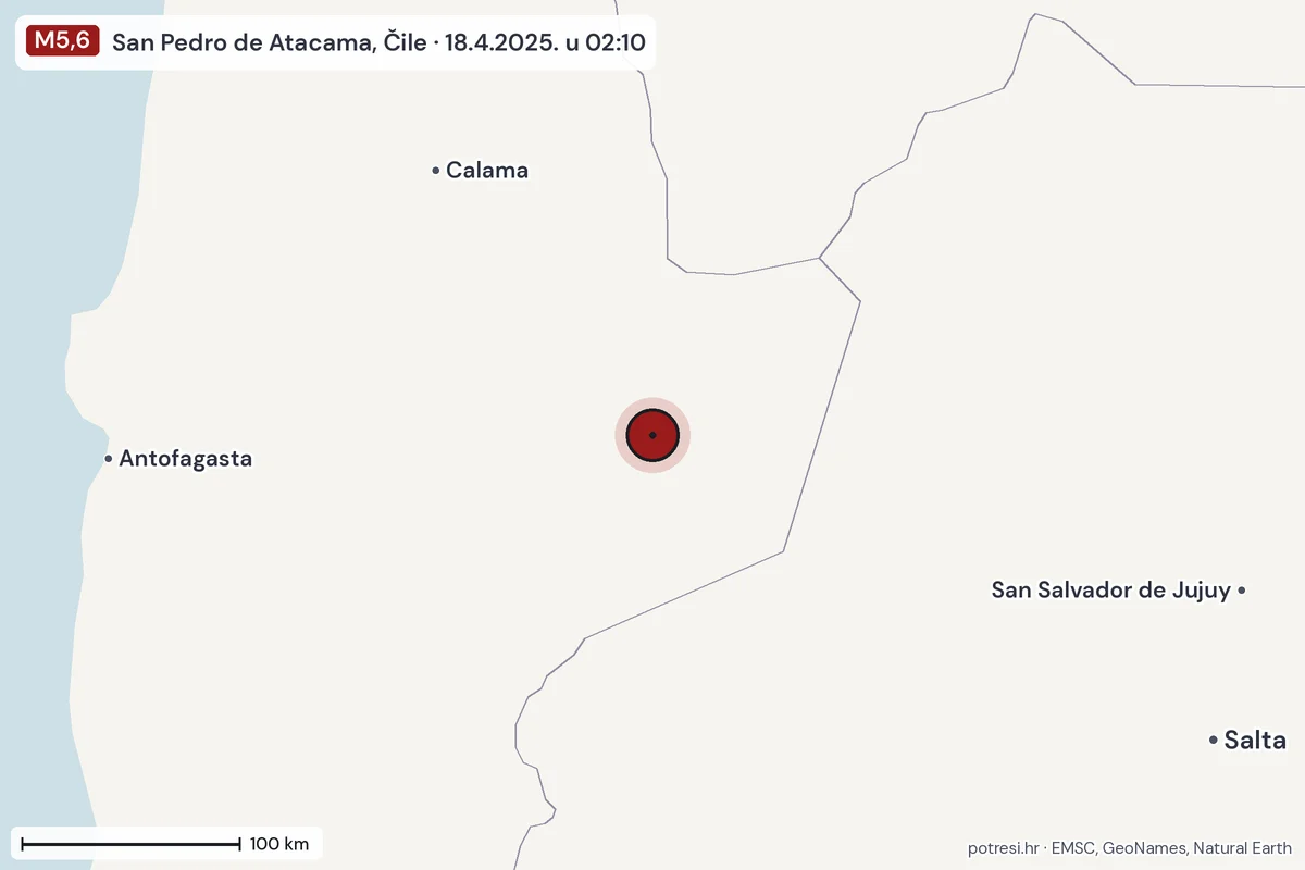 Karta: šire područje, 600 km, potres M5,6, San Pedro de Atacama, Čile, 18.4.2025.