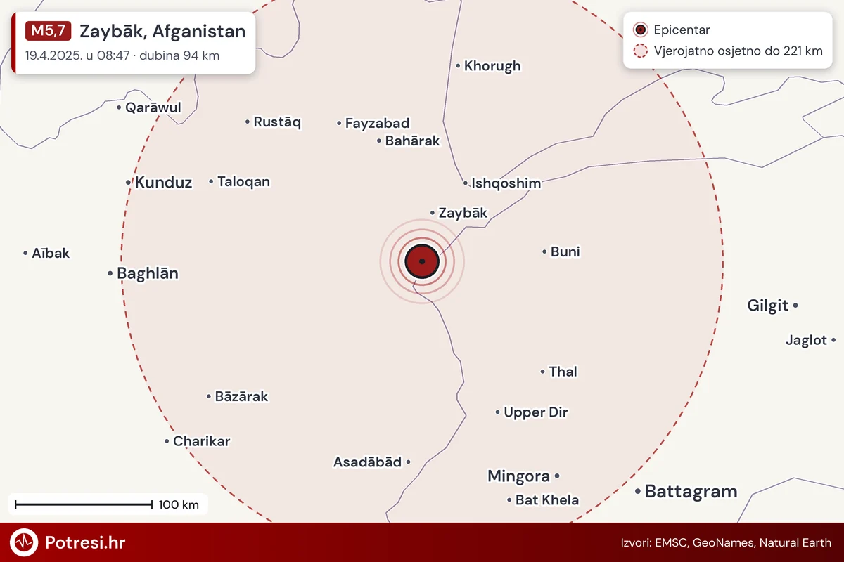 Karta: šire područje i vjerojatni doseg osjeta, potres M5,7, Zaybāk, Afganistan, 19.4.2025.