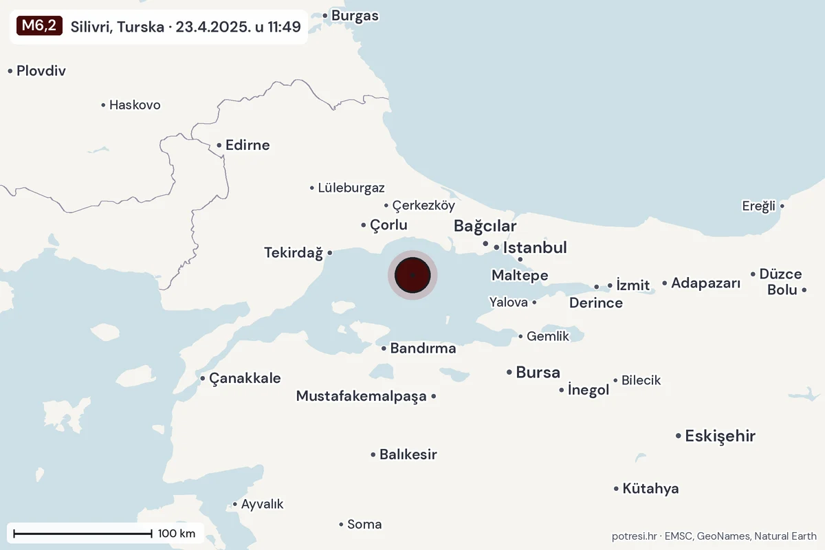 Karta: šire područje, 600 km, potres M6,2, Silivri, Turska, 23.4.2025.
