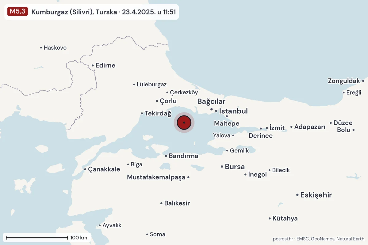 Karta: šire područje, 600 km, potres M5,3, Kumburgaz (Silivri), Turska, 23.4.2025.