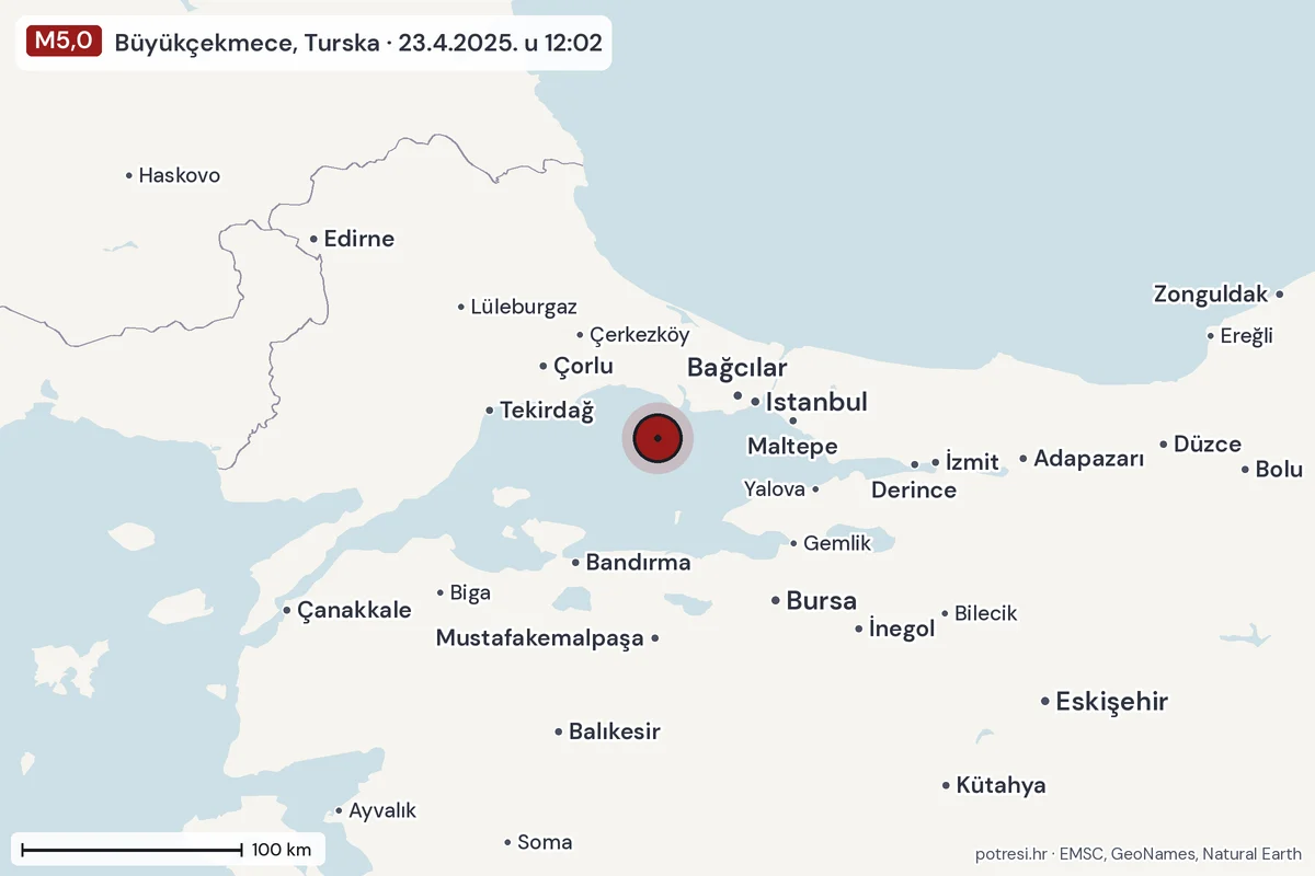 Karta: šire područje, 600 km, potres M5,0, Büyükçekmece, Turska, 23.4.2025.