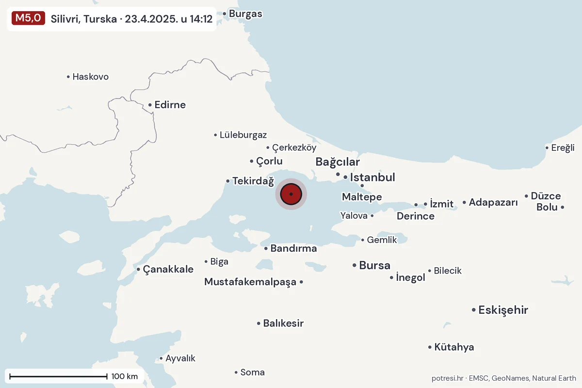 Karta: šire područje, 600 km, potres M5,0, Silivri, Turska, 23.4.2025.