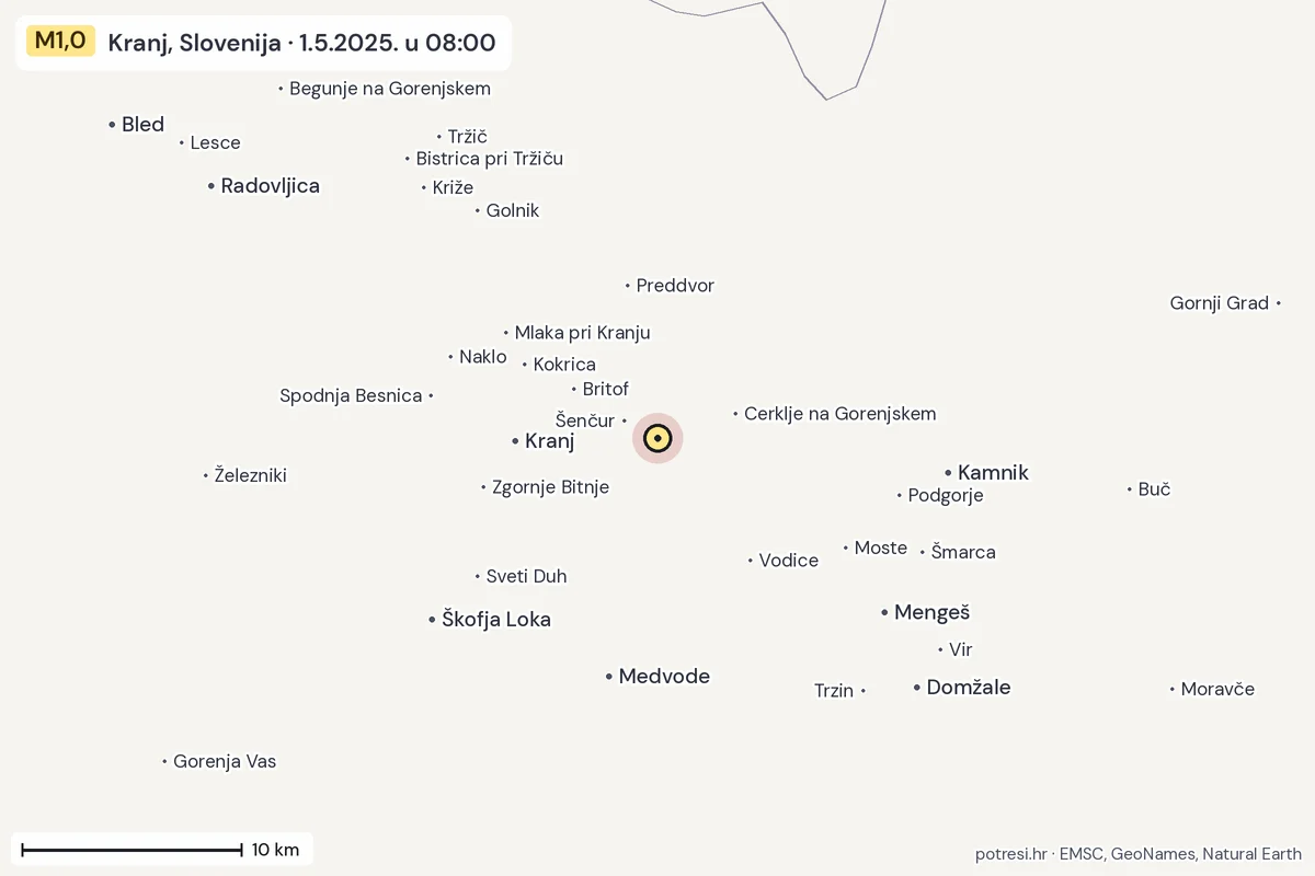 Karta: okolica epicentra, 60 km, potres M1,0, Kranj, Slovenija, 1.5.2025.
