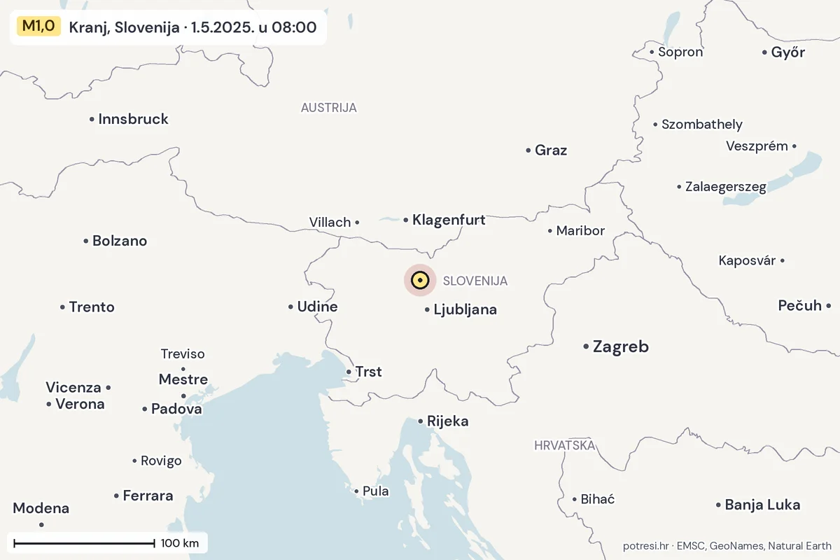 Karta: šire područje, 600 km, potres M1,0, Kranj, Slovenija, 1.5.2025.
