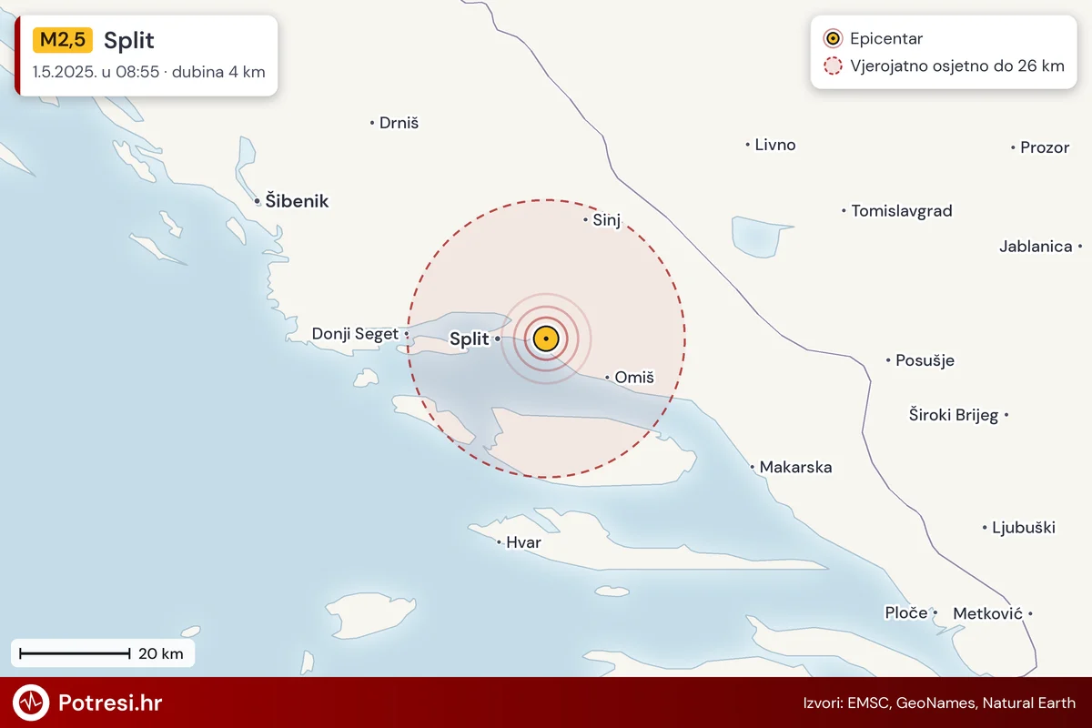 Karta: šire područje i vjerojatni doseg osjeta, potres M2,5, Split, 1.5.2025.