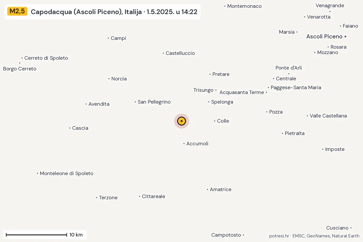 Karta: okolica epicentra, 60 km, potres M2,5, Capodacqua (Ascoli Piceno), Italija, 1.5.2025.
