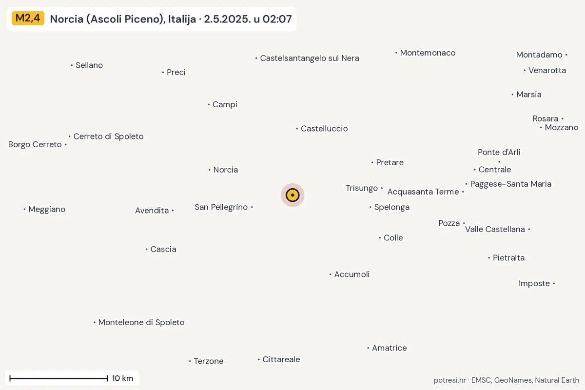 Karta: okolica epicentra, 60 km, potres M2,4, Norcia (Ascoli Piceno), Italija, 2.5.2025.