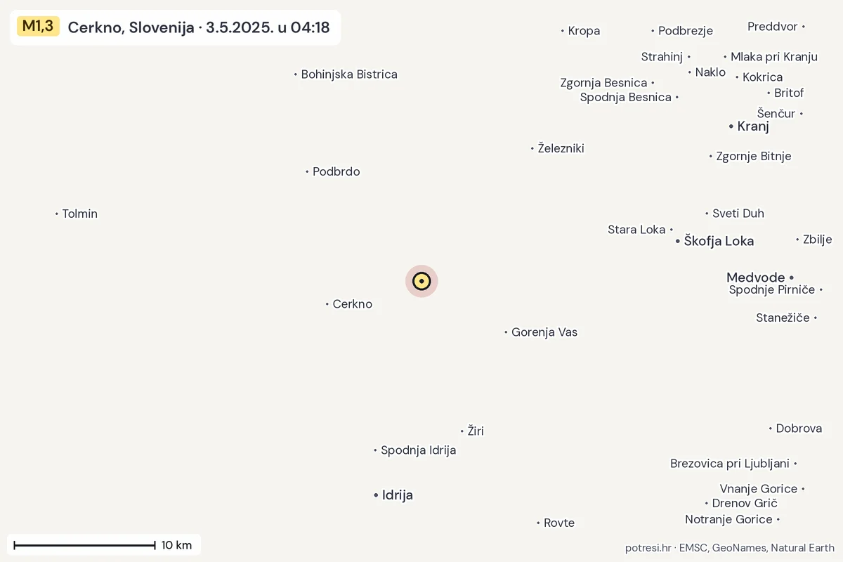 Karta: okolica epicentra, 60 km, potres M1,3, Cerkno, Slovenija, 3.5.2025.