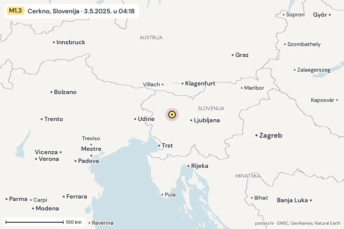 Karta: šire područje, 600 km, potres M1,3, Cerkno, Slovenija, 3.5.2025.