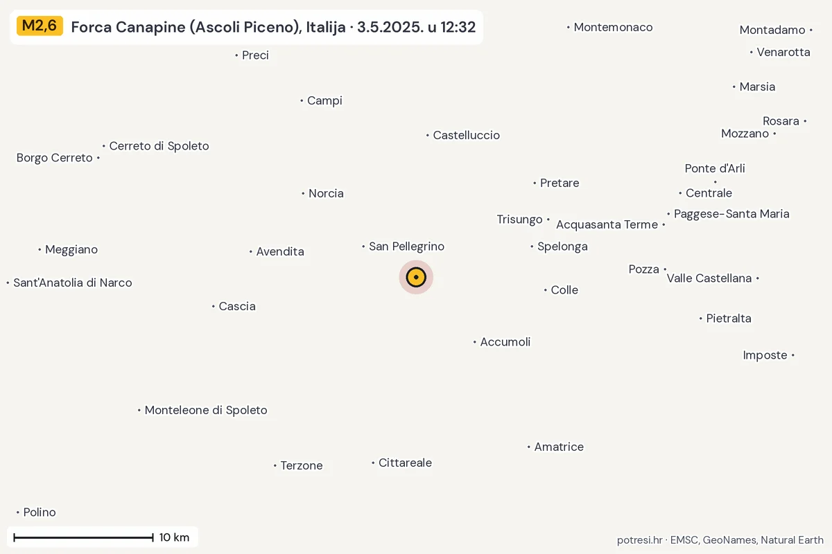 Karta: okolica epicentra, 60 km, potres M2,6, Forca Canapine (Ascoli Piceno), Italija, 3.5.2025.