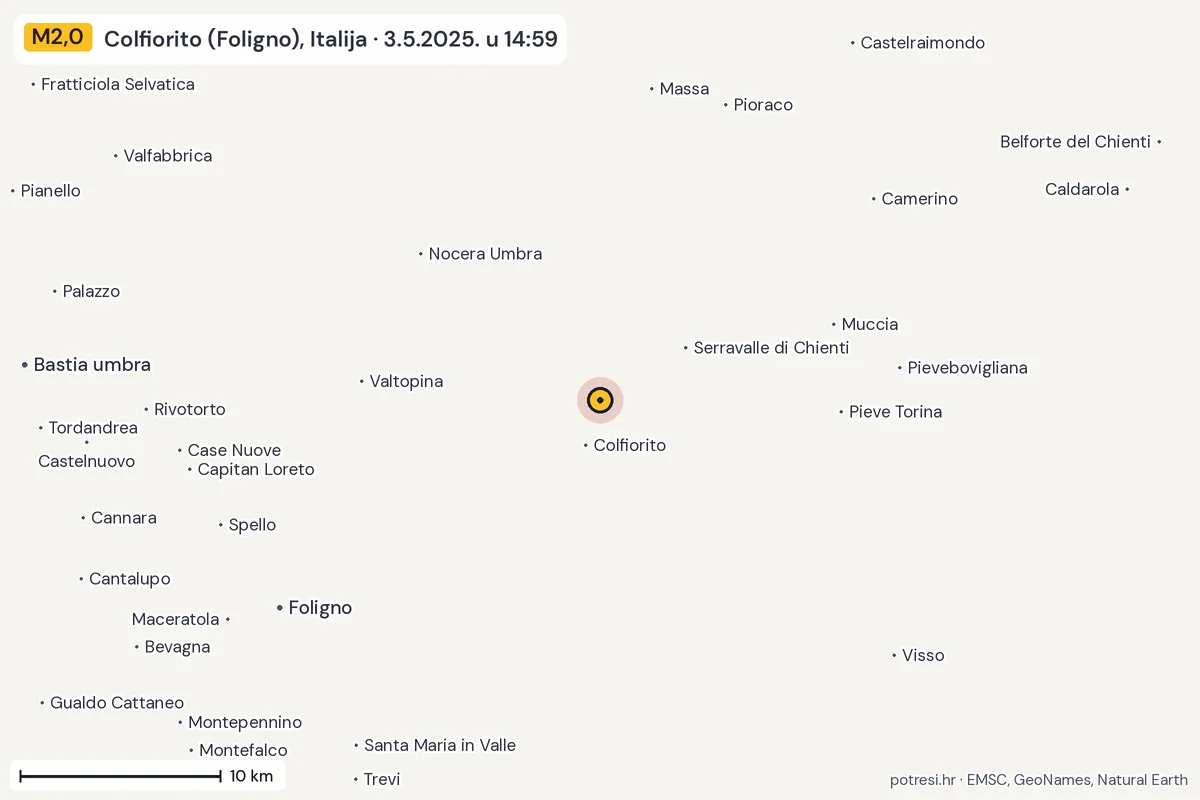 Karta: okolica epicentra, 60 km, potres M2,0, Colfiorito (Foligno), Italija, 3.5.2025.