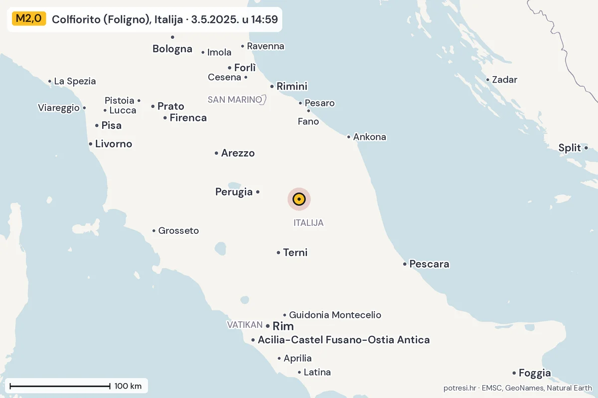 Karta: šire područje, 600 km, potres M2,0, Colfiorito (Foligno), Italija, 3.5.2025.