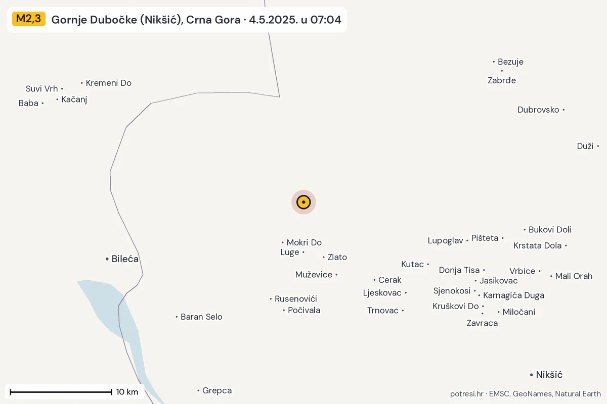 Karta: okolica epicentra, 60 km, potres M2,3, Gornje Dubočke (Nikšić), Crna Gora, 4.5.2025.