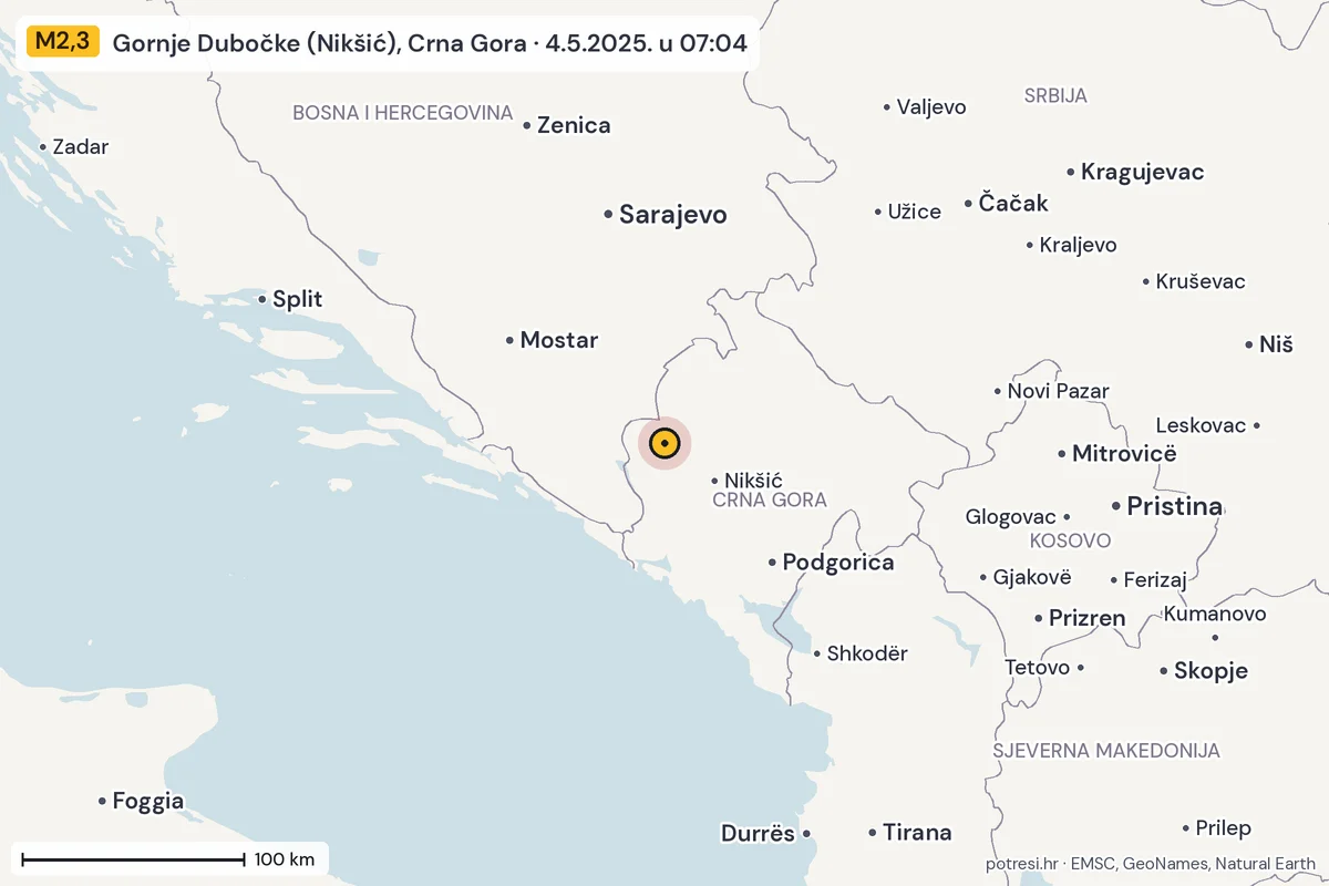 Karta: šire područje, 600 km, potres M2,3, Gornje Dubočke (Nikšić), Crna Gora, 4.5.2025.