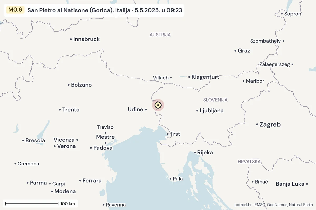 Karta: šire područje, 600 km, potres M0,6, San Pietro al Natisone (Gorica), Italija, 5.5.2025.