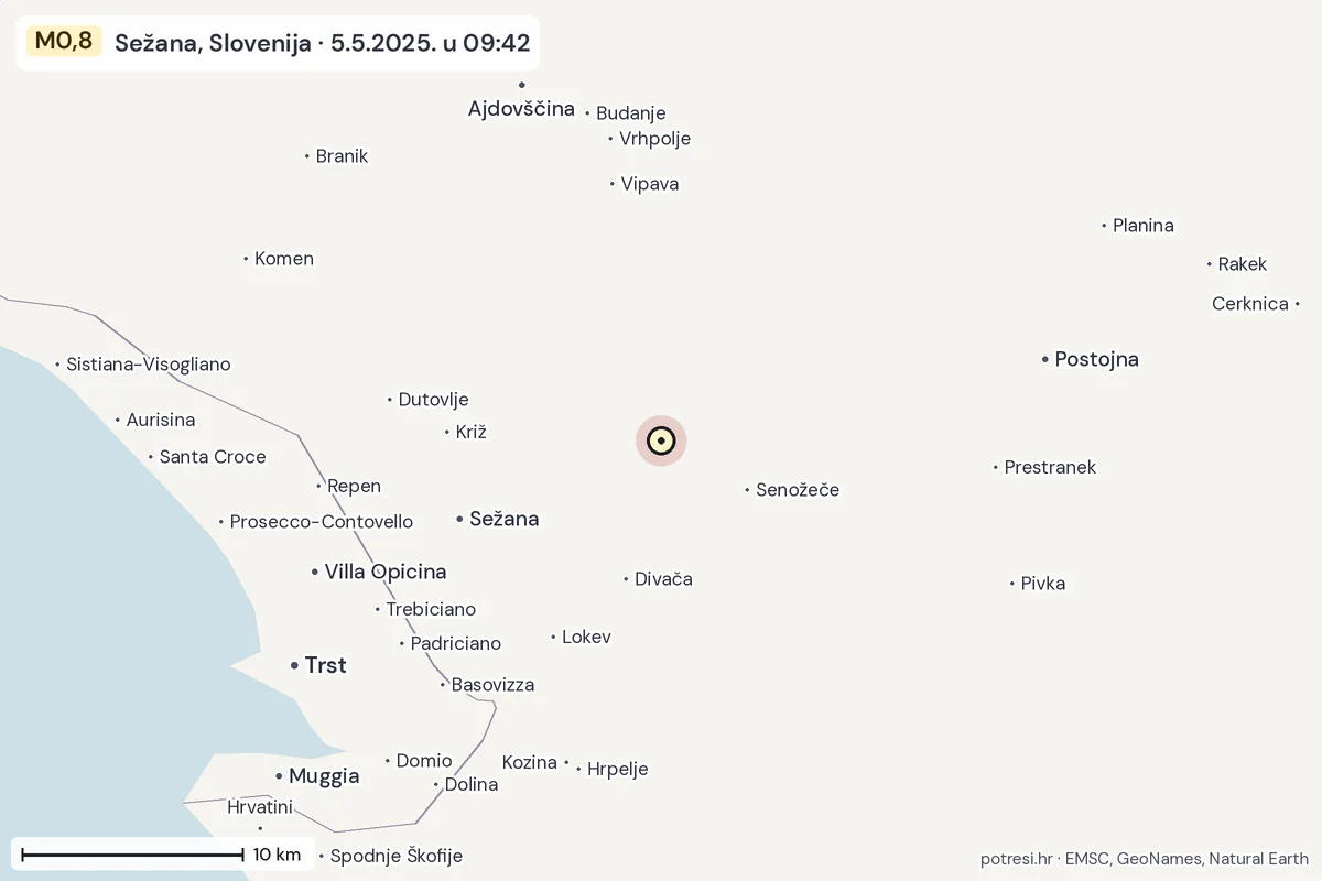 Karta: okolica epicentra, 60 km, potres M0,8, Sežana, Slovenija, 5.5.2025.