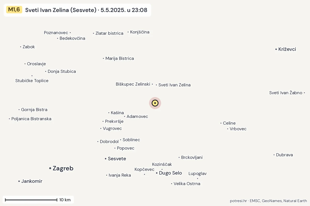 Karta: okolica epicentra, 60 km, potres M1,6, Sveti Ivan Zelina (Sesvete), 5.5.2025.