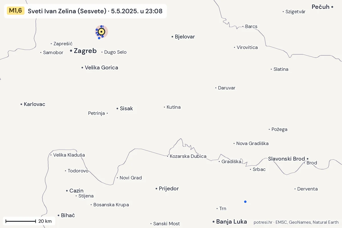 Karta: izvješća građana, potres M1,6, Sveti Ivan Zelina (Sesvete), 5.5.2025.