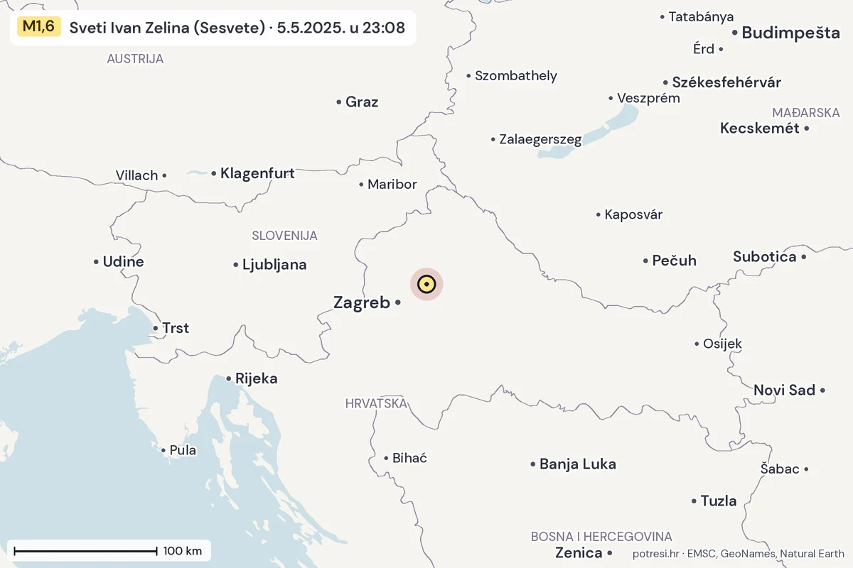 Karta: šire područje, 600 km, potres M1,6, Sveti Ivan Zelina (Sesvete), 5.5.2025.
