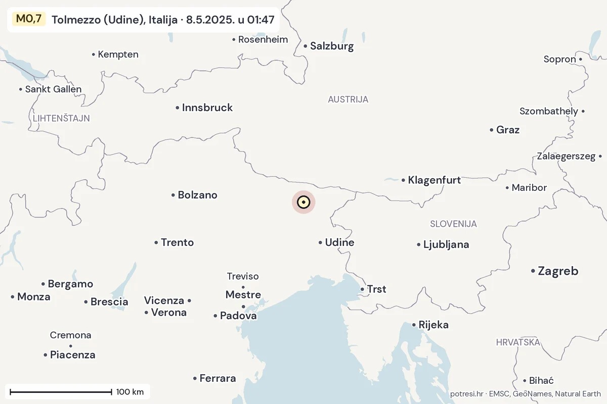 Karta: šire područje, 600 km, potres M0,7, Tolmezzo (Udine), Italija, 8.5.2025.