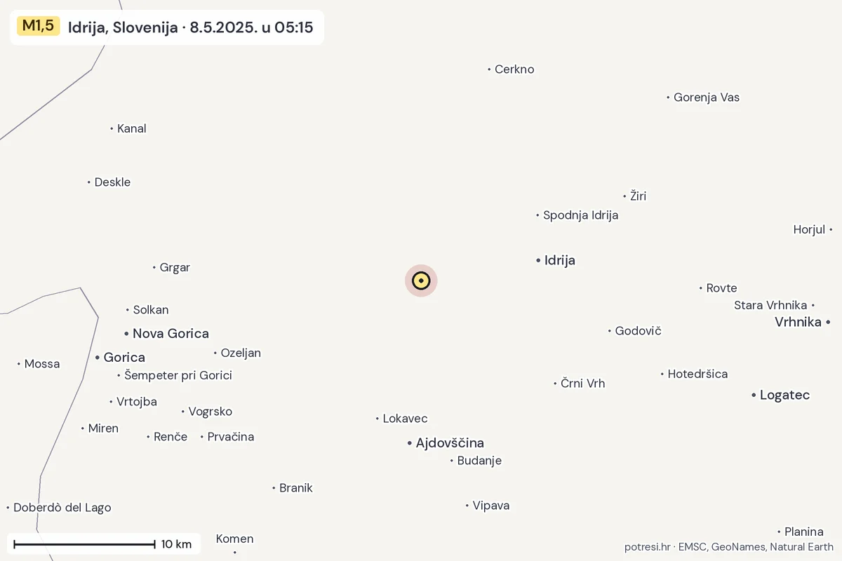 Karta: okolica epicentra, 60 km, potres M1,5, Idrija, Slovenija, 8.5.2025.