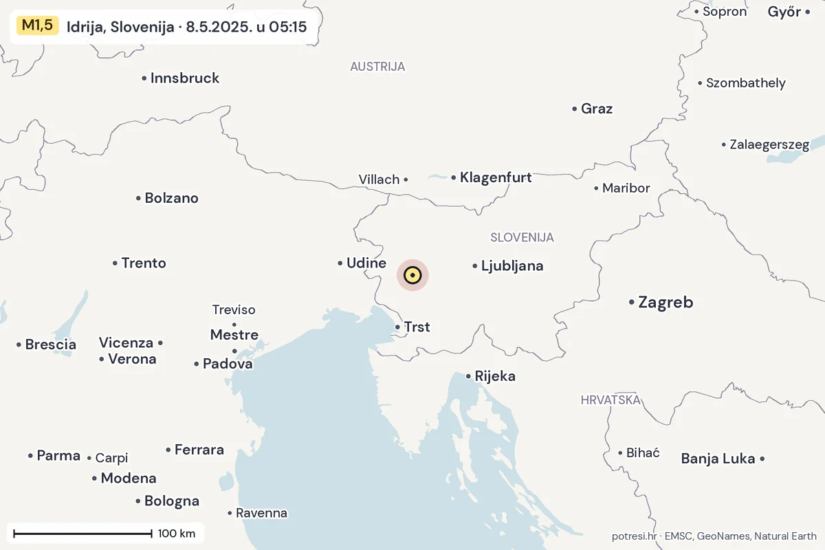 Karta: šire područje, 600 km, potres M1,5, Idrija, Slovenija, 8.5.2025.