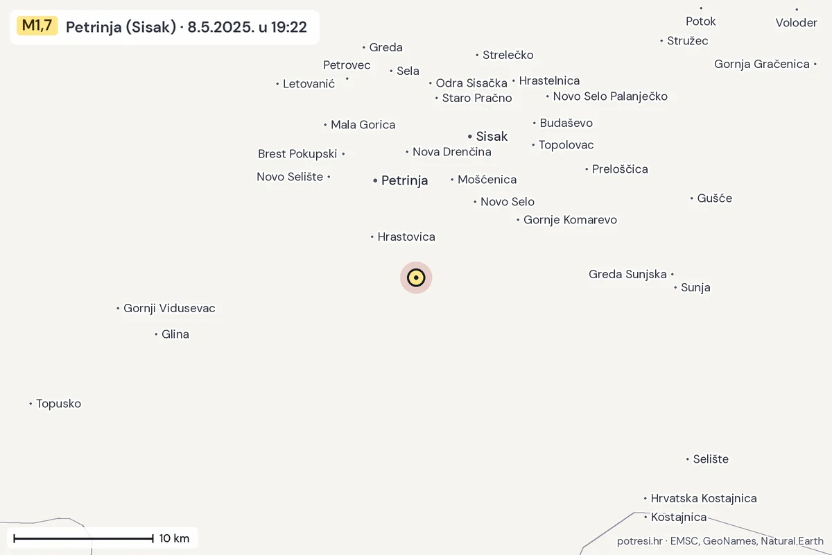Karta: okolica epicentra, 60 km, potres M1,7, Petrinja (Sisak), 8.5.2025.