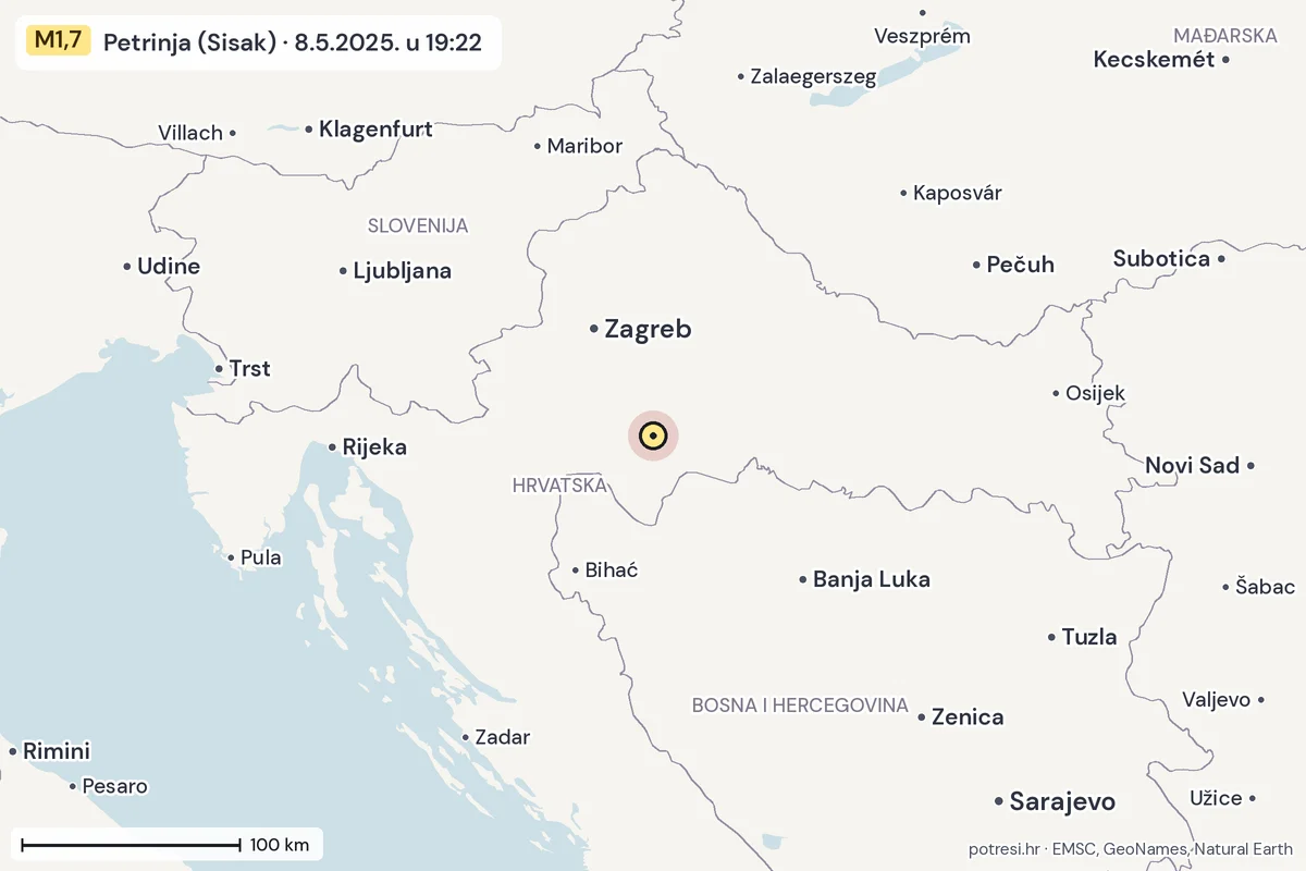 Karta: šire područje, 600 km, potres M1,7, Petrinja (Sisak), 8.5.2025.