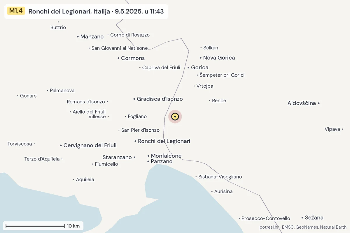 Karta: okolica epicentra, 60 km, potres M1,4, Ronchi dei Legionari, Italija, 9.5.2025.