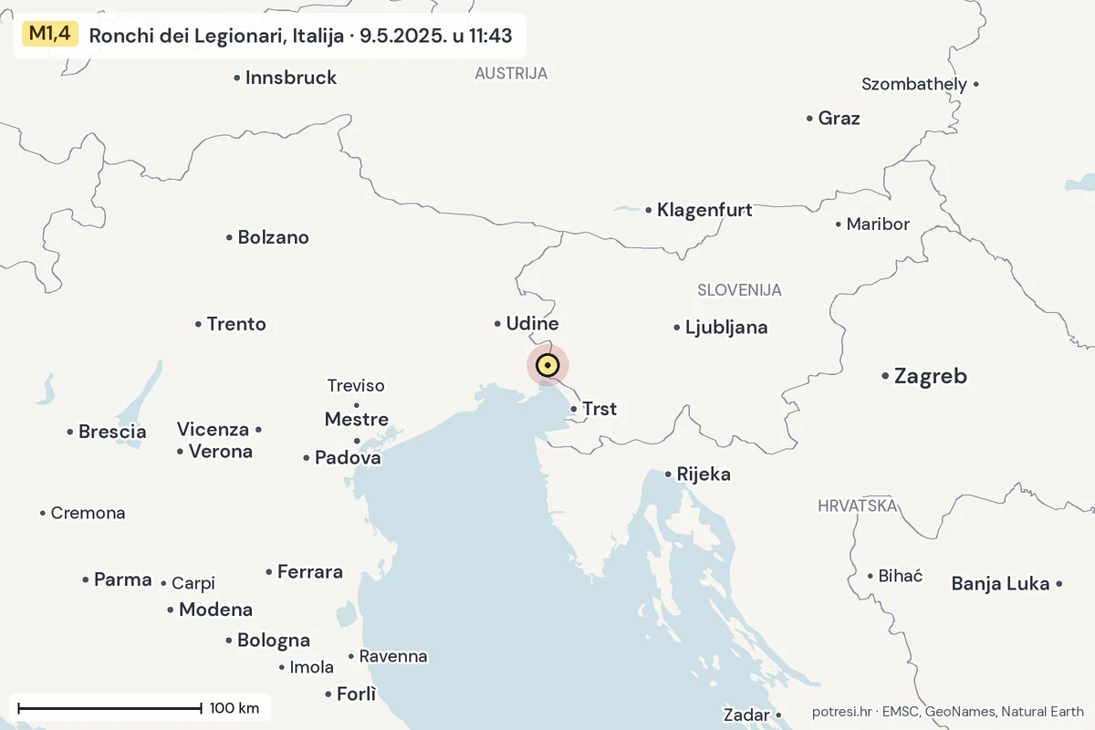 Karta: šire područje, 600 km, potres M1,4, Ronchi dei Legionari, Italija, 9.5.2025.