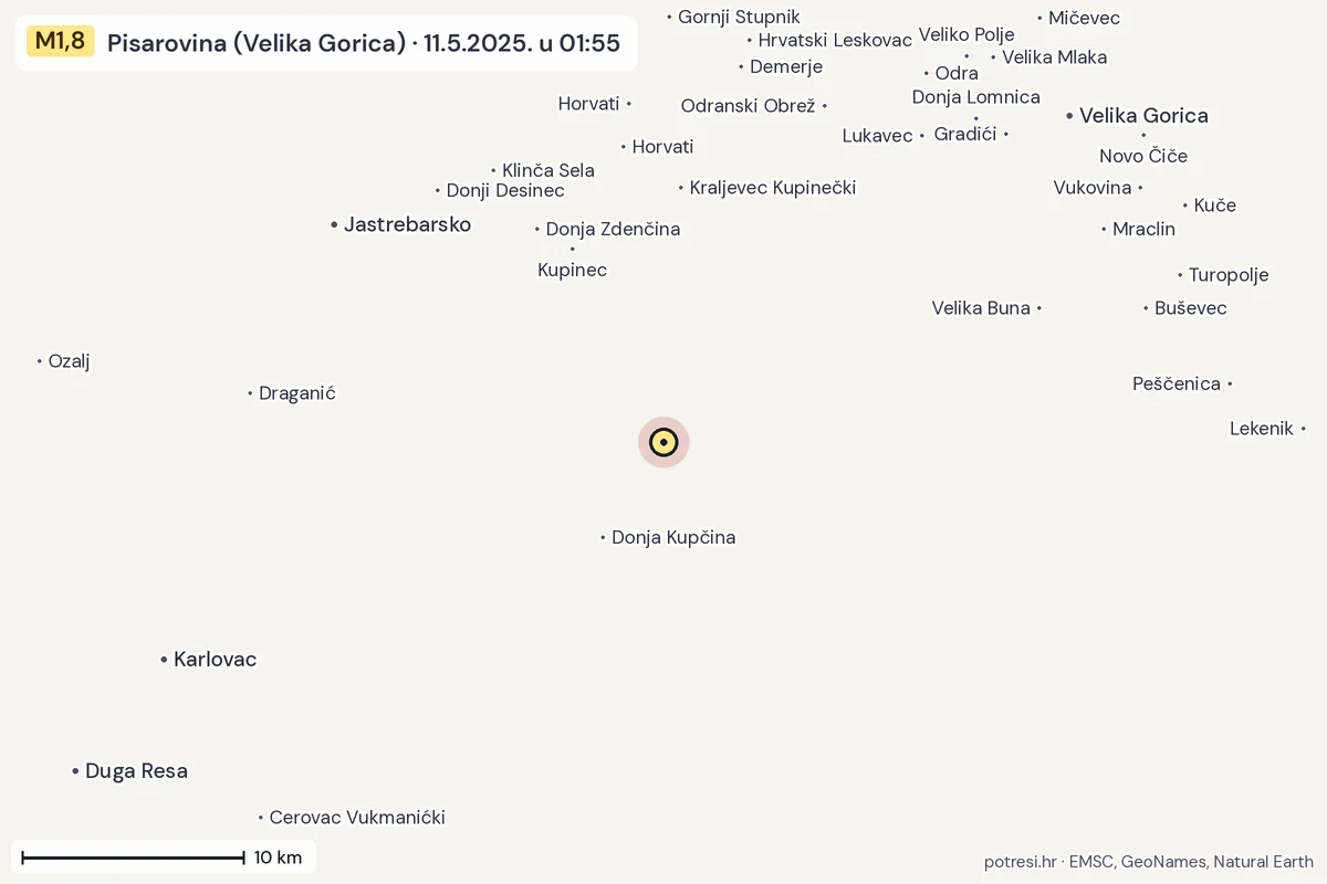Karta: okolica epicentra, 60 km, potres M1,8, Pisarovina (Velika Gorica), 11.5.2025.
