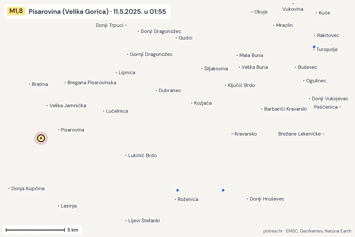 Karta: izvješća građana, potres M1,8, Pisarovina (Velika Gorica), 11.5.2025.