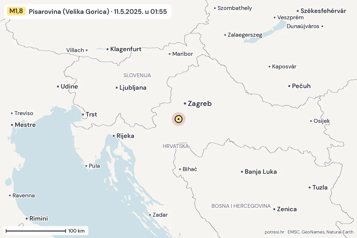 Karta: šire područje, 600 km, potres M1,8, Pisarovina (Velika Gorica), 11.5.2025.