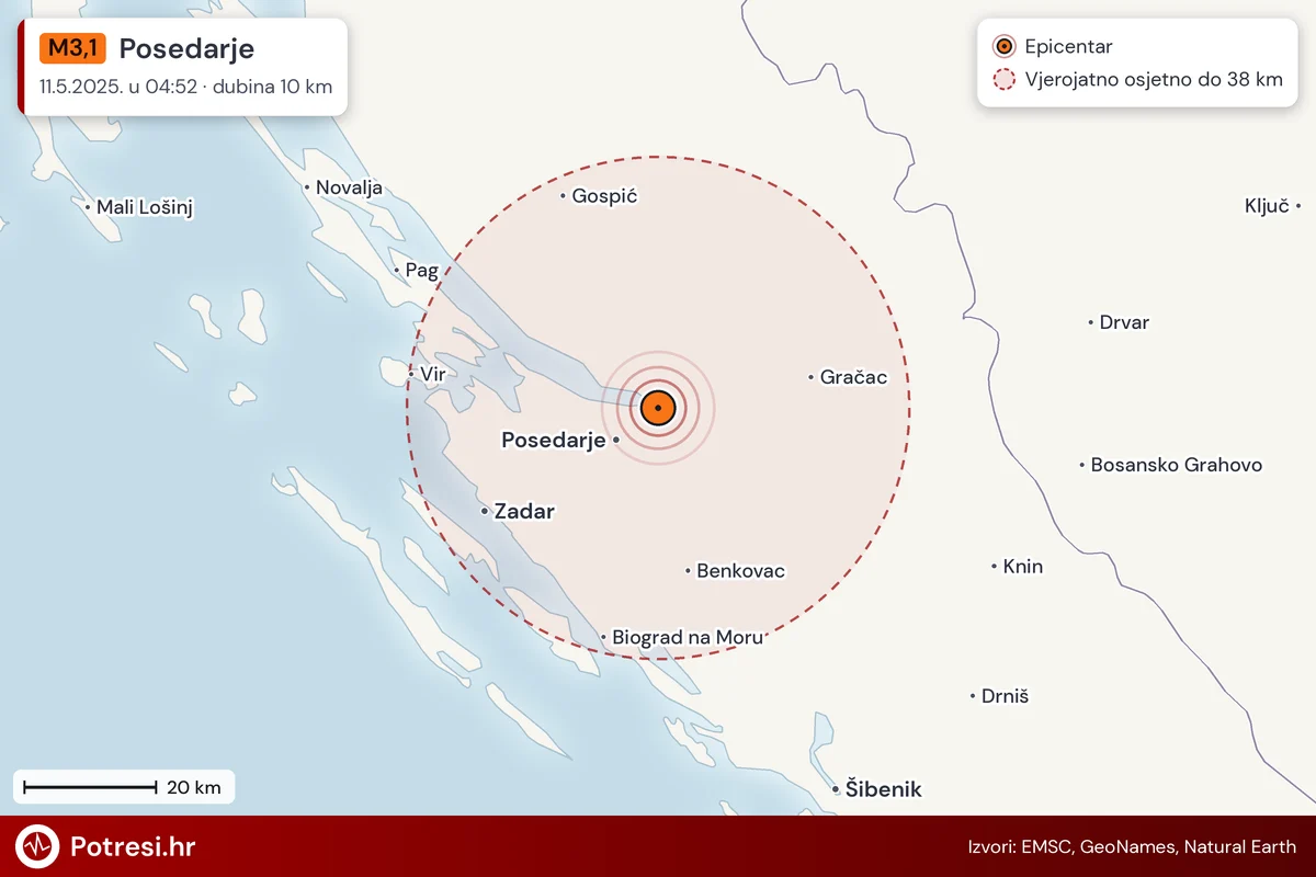 Karta: šire područje i vjerojatni doseg osjeta, potres M3,1, Posedarje, 11.5.2025.