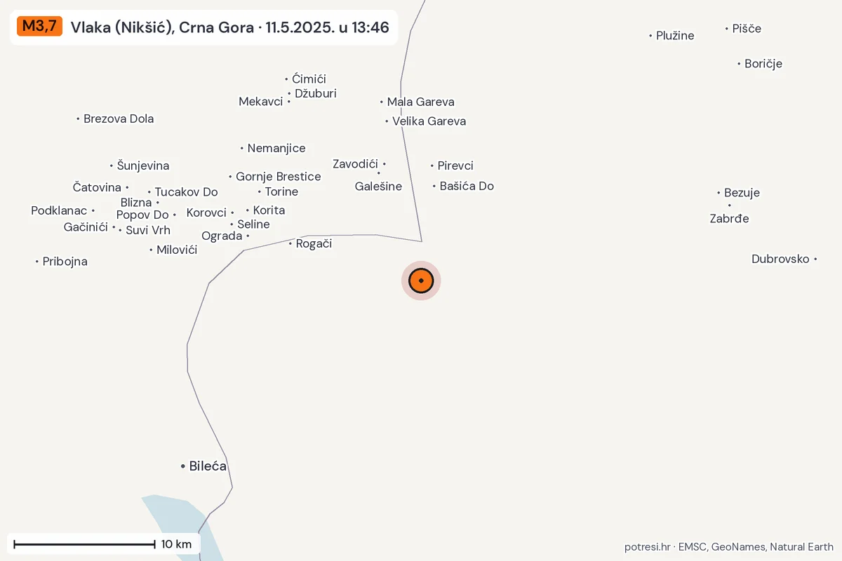 Karta: okolica epicentra, 60 km, potres M3,7, Vlaka (Nikšić), Crna Gora, 11.5.2025.