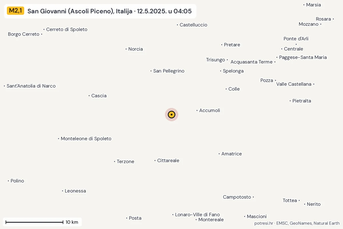Karta: okolica epicentra, 60 km, potres M2,1, San Giovanni (Ascoli Piceno), Italija, 12.5.2025.