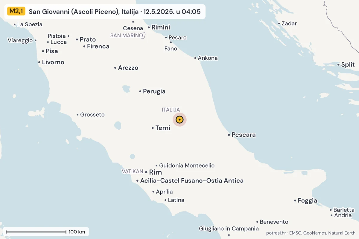 Karta: šire područje, 600 km, potres M2,1, San Giovanni (Ascoli Piceno), Italija, 12.5.2025.
