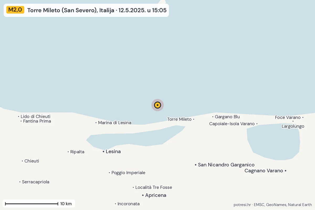 Karta: okolica epicentra, 60 km, potres M2,0, Torre Mileto (San Severo), Italija, 12.5.2025.