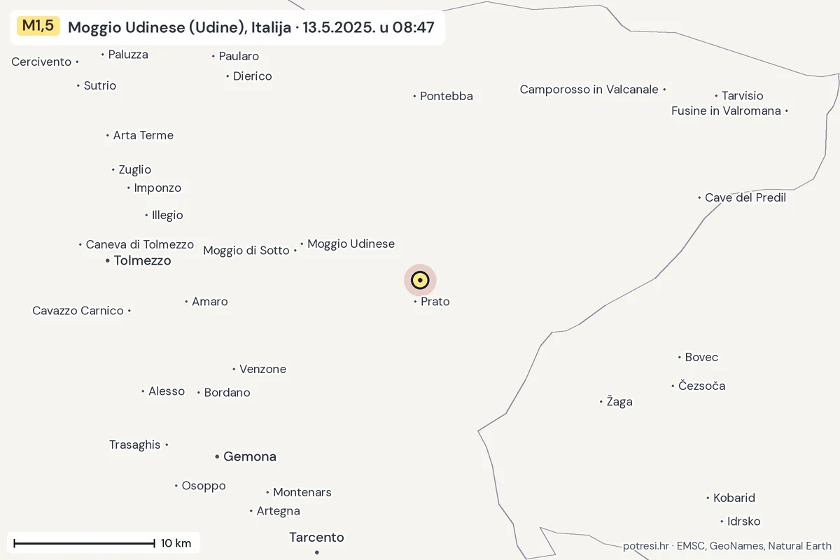Karta: okolica epicentra, 60 km, potres M1,5, Moggio Udinese (Udine), Italija, 13.5.2025.